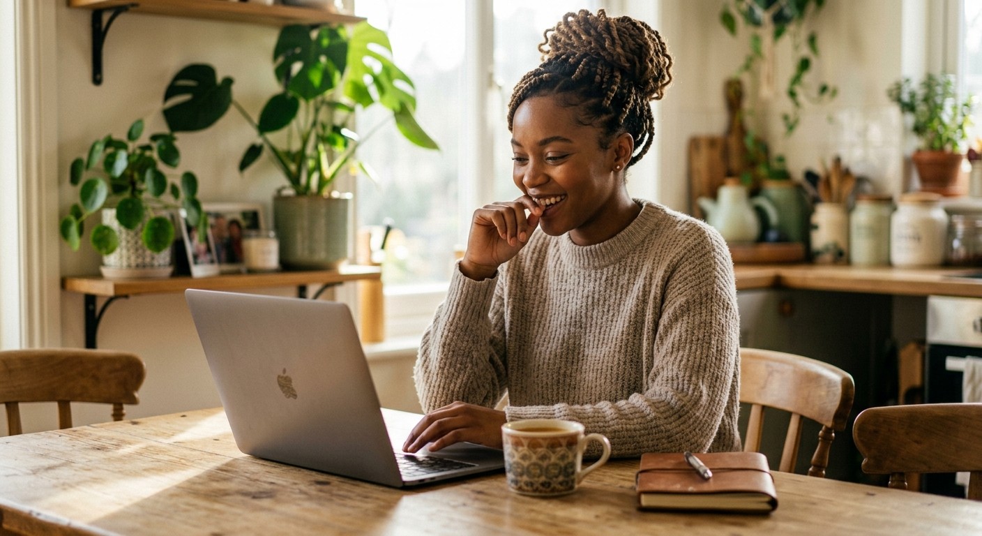 A smiling woman at her kitchen table reviewing her money plan on a laptop